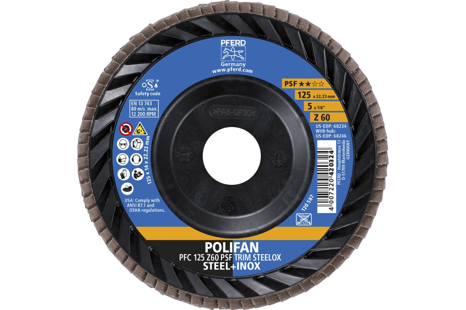 PFERD Polifan - Disco de corte para amoladora angular (125 mm, corindón de circonio Z60, PSF TRIM STEELOX para acero y acero inoxidable (INOX), forma PFC/B/T29, diámetro de 22,23 mm, diámetro de 22,23