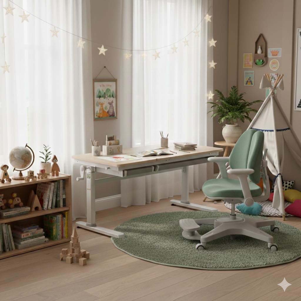 HOKO Kinderschreibtisch, Höhenverstellbar Kinderschreibtische 120x60 cm, Schreibtisch Kinder ab 6 Jahren, neigbare Tischplatte mit Schubladen, 100kg Belastbarkeit, Verstellbar von 54-76cm (Holz,CELIN)