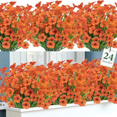 Ouddy Decor 24 Bundles Artificial Fall Flowers for Outdoors, Orange