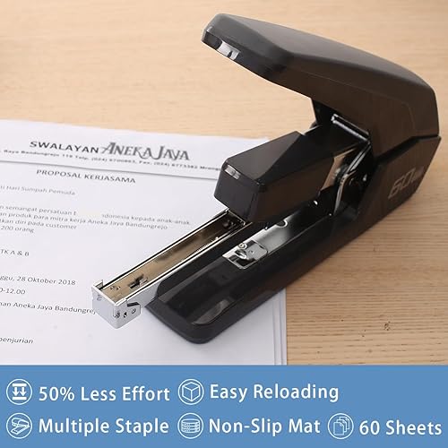 Miniatura 3 de Deli Engrapadora de escritorio sin esfuerzo, capacidad de 50 a 60 hojas, engrapadora de oficina con un solo toque de dedo, grapadora resistente para