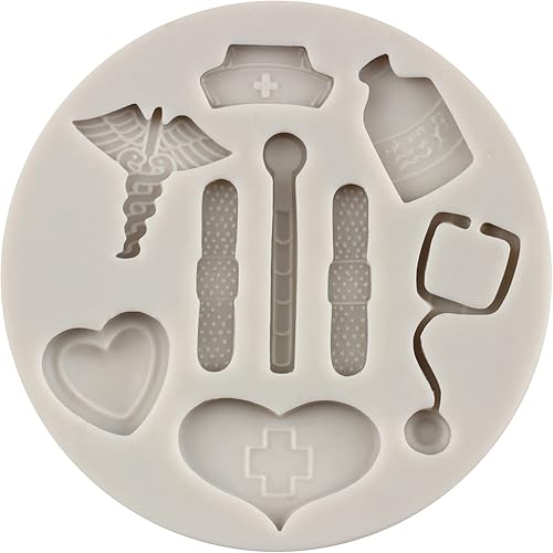 Miniatura 6 de MYPRACS Tableta de aparatos médicos, molde de silicona, sombrero de enfermera, estetoscopio, píldora, termómetro, molde de fondant médico para