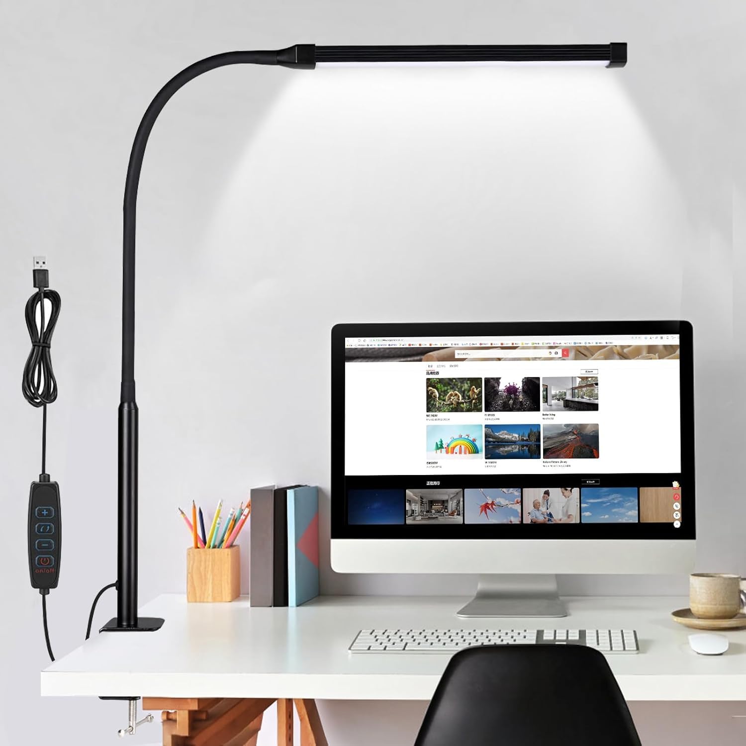 Pagezol Desk Lamp with USB Charging Port, Led Eye-Caring Table Lamp, Bedside Lamps, Reading Lamp, USB Powered Clip on Desk Light, 3 Light Modes x 10 Brightness Levels for Office, Bedroom
