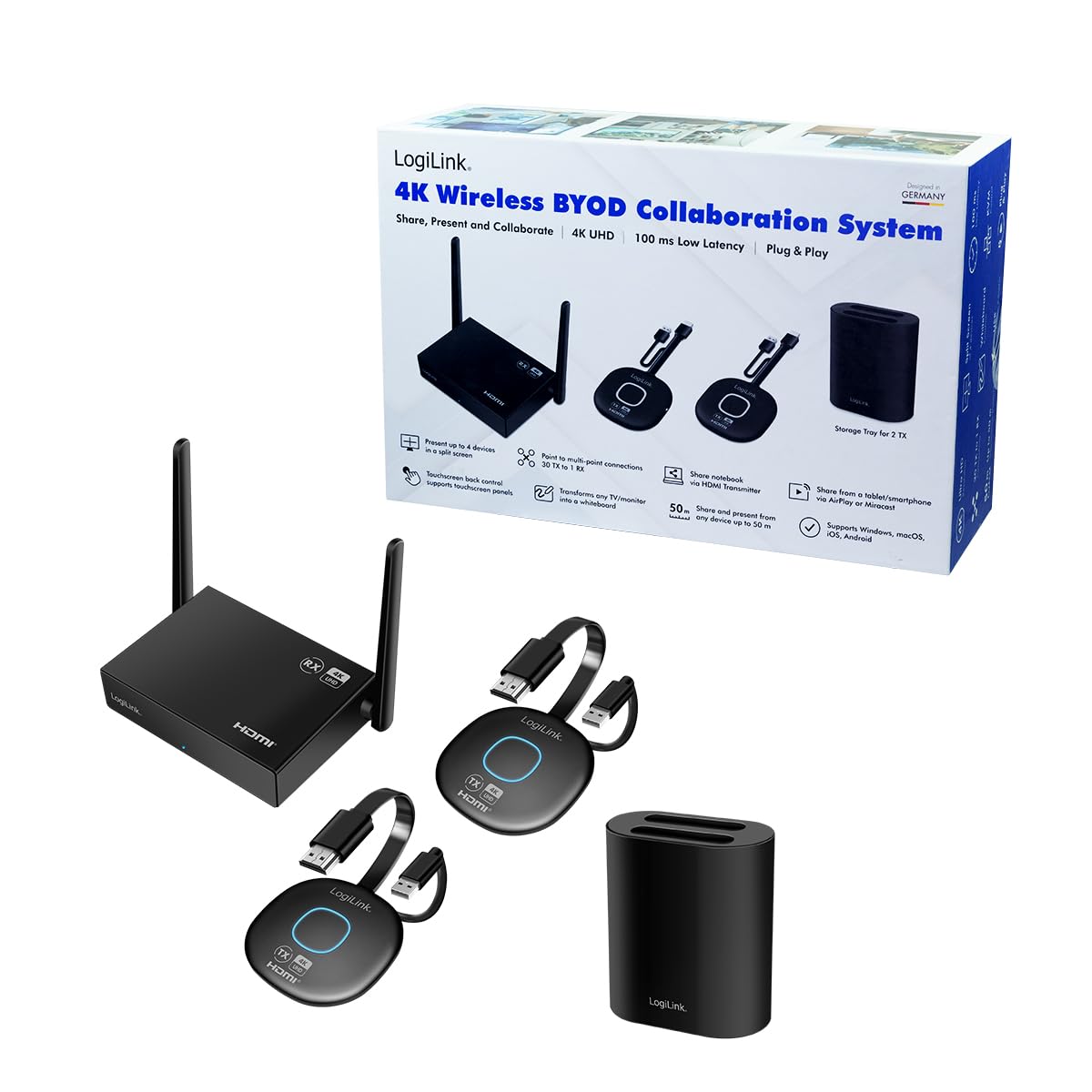 LogiLink HDW0112 - Kit videoconferenza HDMI BYOD (Bring Your own Devices), senza fili, 50 m, 30 zu1, multicast, 4 K@60 Hz, per visualizzare/condividere dati/video tramite WiFi HDMI sulla TV