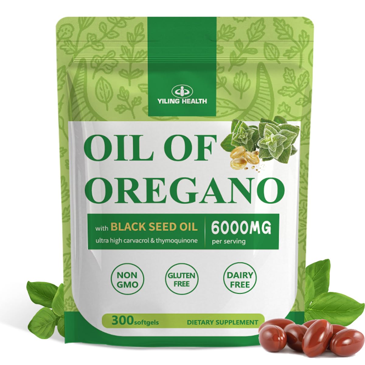 6000mg Oil of Oregano with 200mg Black Seed Oil & 100mg Echinacea, 3 in 1 Oregano Supplement Capsules for Immune Health, Retains High Concentrated Carvacrol & Thymoquinone, Non-GMO, 300 Softgels