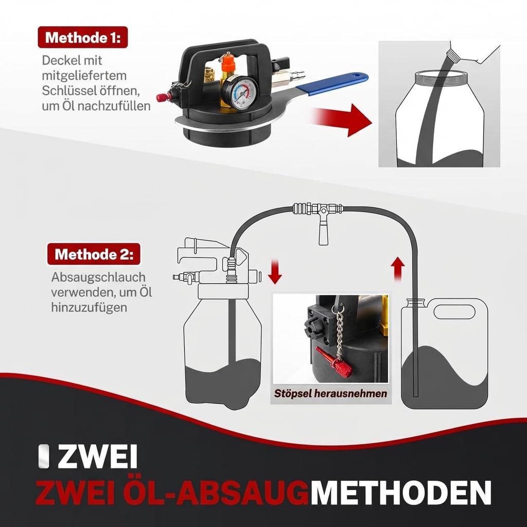BILITOOLS Getriebeöl-Einfüllgerät Druckluft, Pneumatische Getriebeölpumpe | 8L automatisch Getriebeölwechsel Set zum Befüllen & Absaugen mit 15 ATF-Adaptern