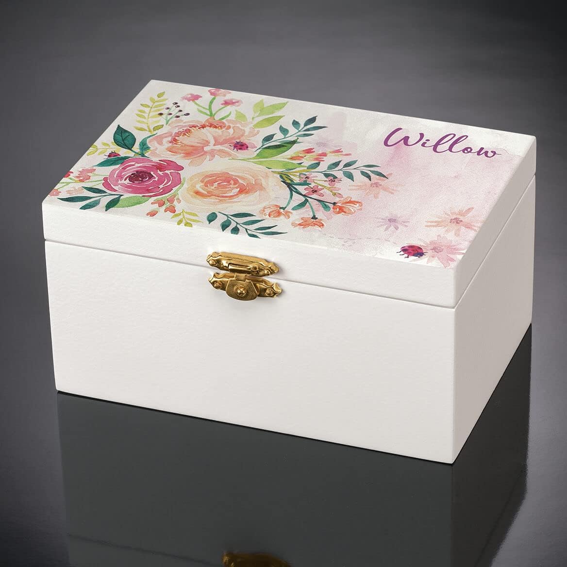 Fox Valley Traders Custom Children’s Musical Jewelry Box with Ballerina Inside – Watercolor Floral Design – Measures 6” x 4” x 3”