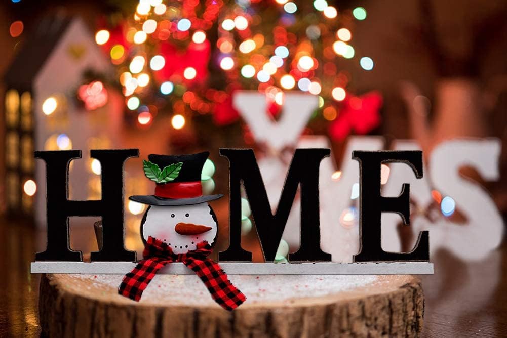 E-view Christmas Decor Wood Snowman Centerpiece Xmas Decorations, Wooden Snowmen Decorative Sign for Tabletop Shelf Mantel Fireplace, Freestanding Desk Decor for Winter Holidays (Home)