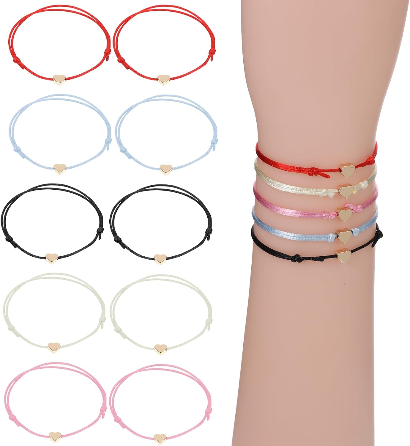 Skrfren 10 Pack Heart Friendship Bracelets, Adjustable Heart Bracelet with Gold Hearts Cord Red Bracelets for Women with Gold Hearts, Red Thread Bracelet for Women Friends Partners Lovers