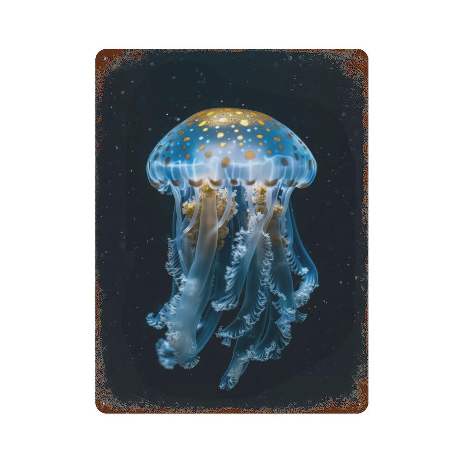 Blue Jellyfish 15.7"x11.8" Rusty Metal Tin Sign, Shabby Chic Decor for Bistro, Counter And Cafe Decor