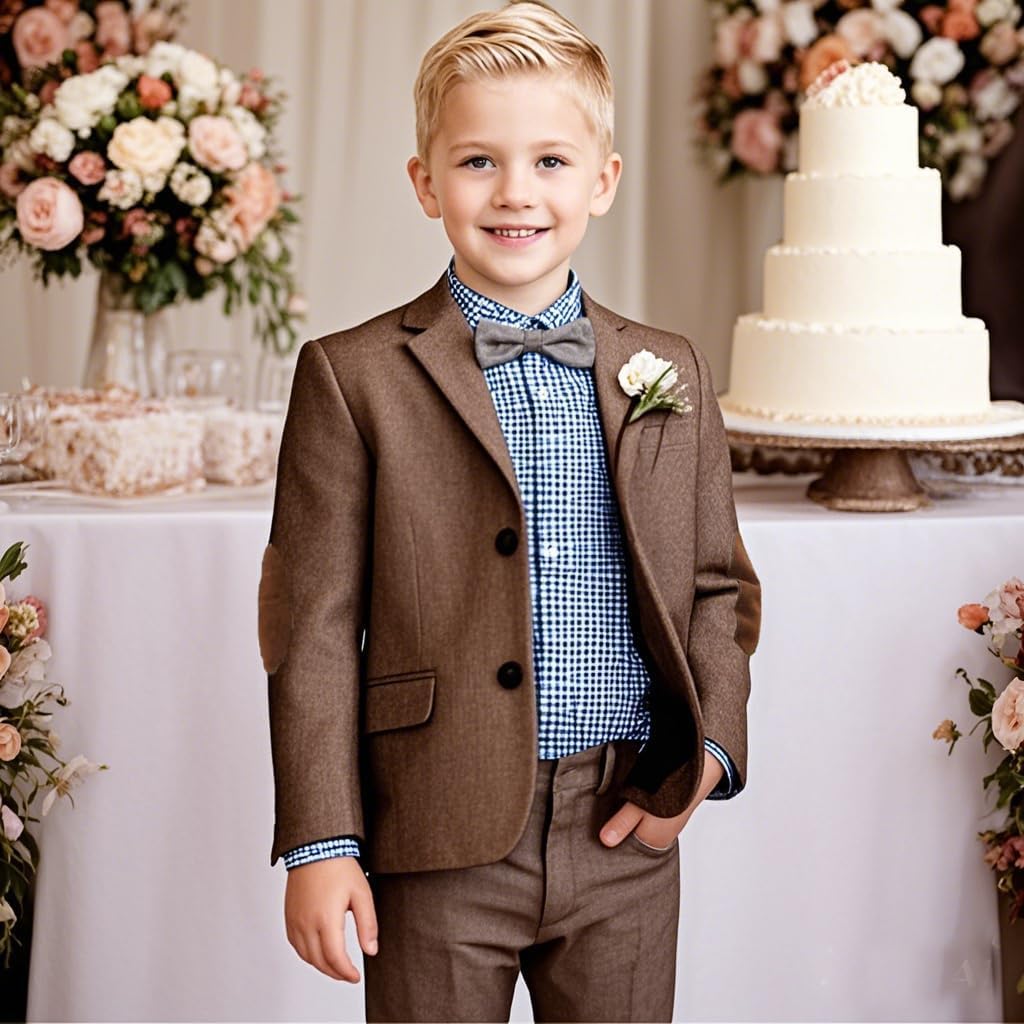 VENNYNG Boys Tweed Blazer Jacket with Elbow Patches Kids Short Trench Coat Vintage Coat