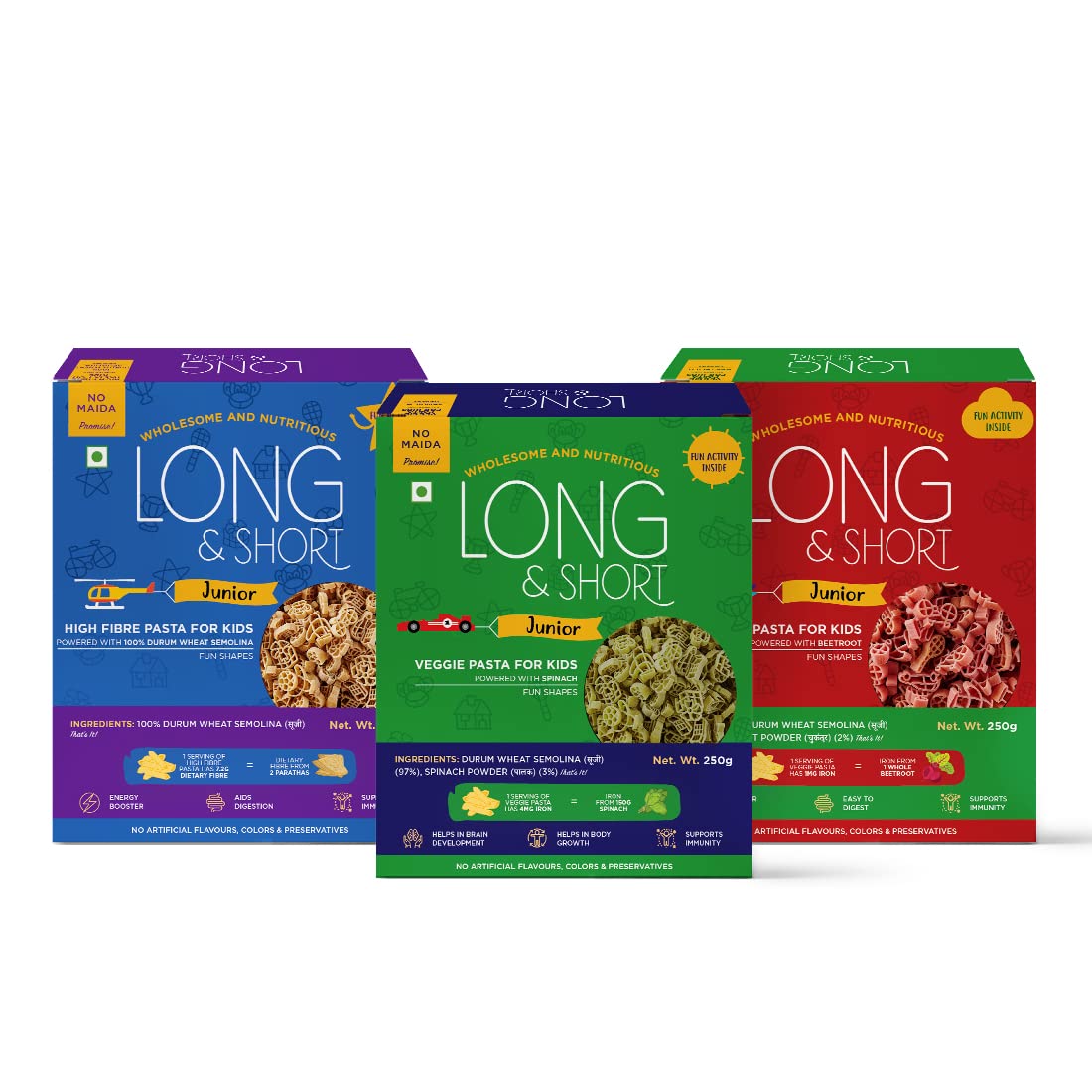 Long&Short Wholewheat Kids Pasta, Spinach Kids Pasta and Beetroot Kids Pasta, 250g x 3 | Fun shapes, Healthy, No Maida | Pack of 3