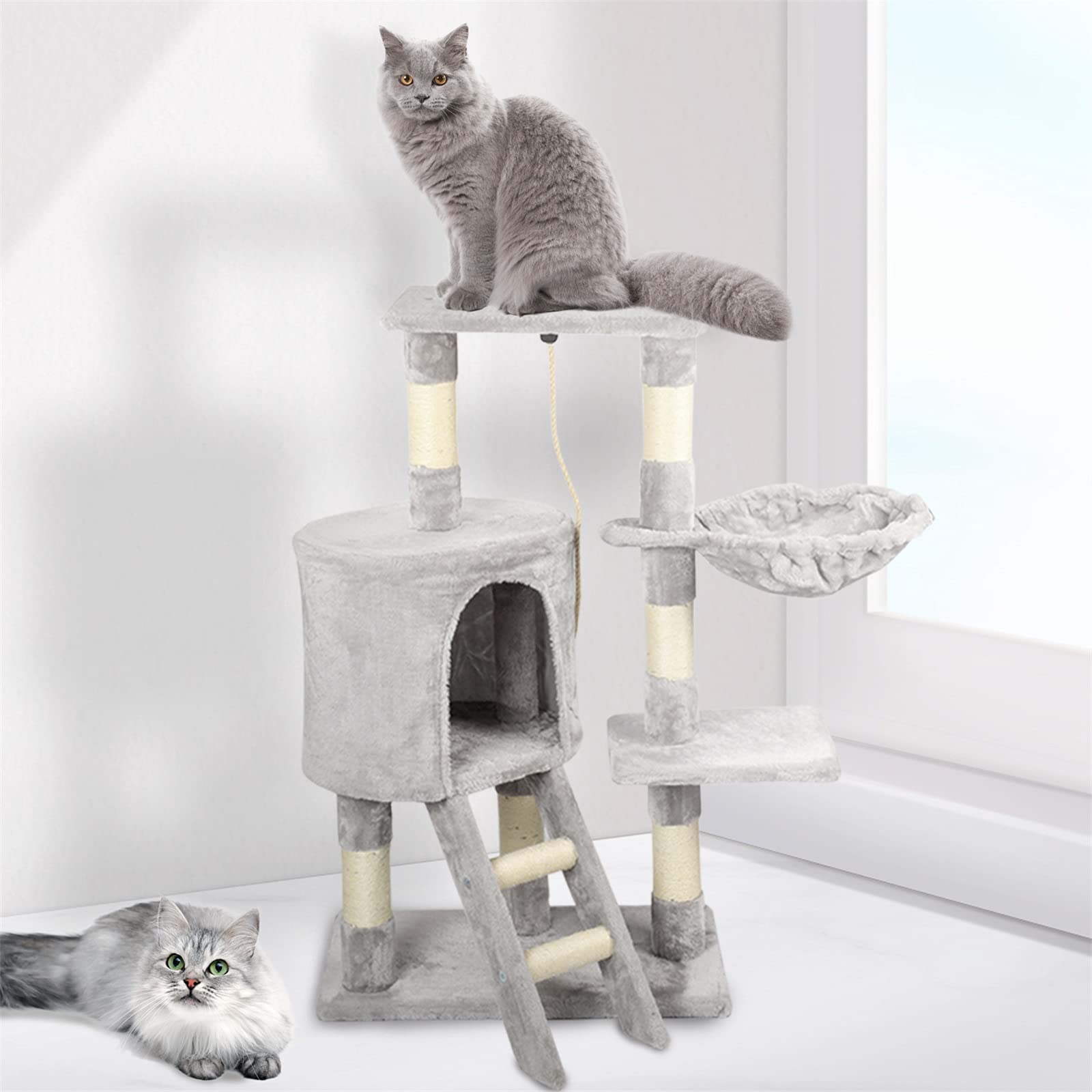Árbol rascador para gatos, altura de 96 cm, con cuevas, superficies de descanso, escaleras y troncos de sisal, estable (C-gris)