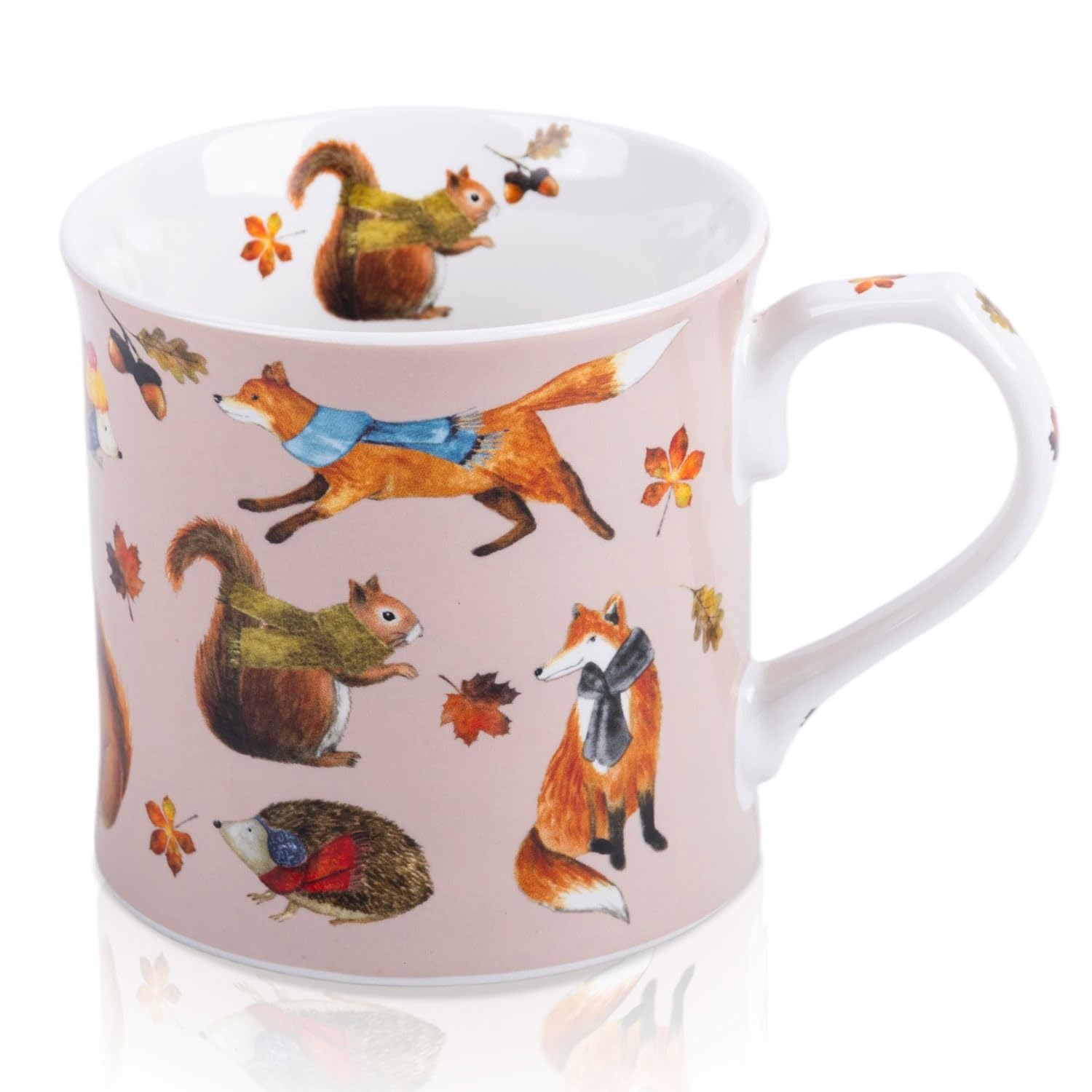 Fall Animal Coffee Mug, 12oz Ceramic Autumn Mug with Woodland Fox, Squirrel &amp; Hedgehog in Scarves &amp; Leaves, Cozy Fall Gift for Nature Lovers, Designed in England by Harvest Green Studio