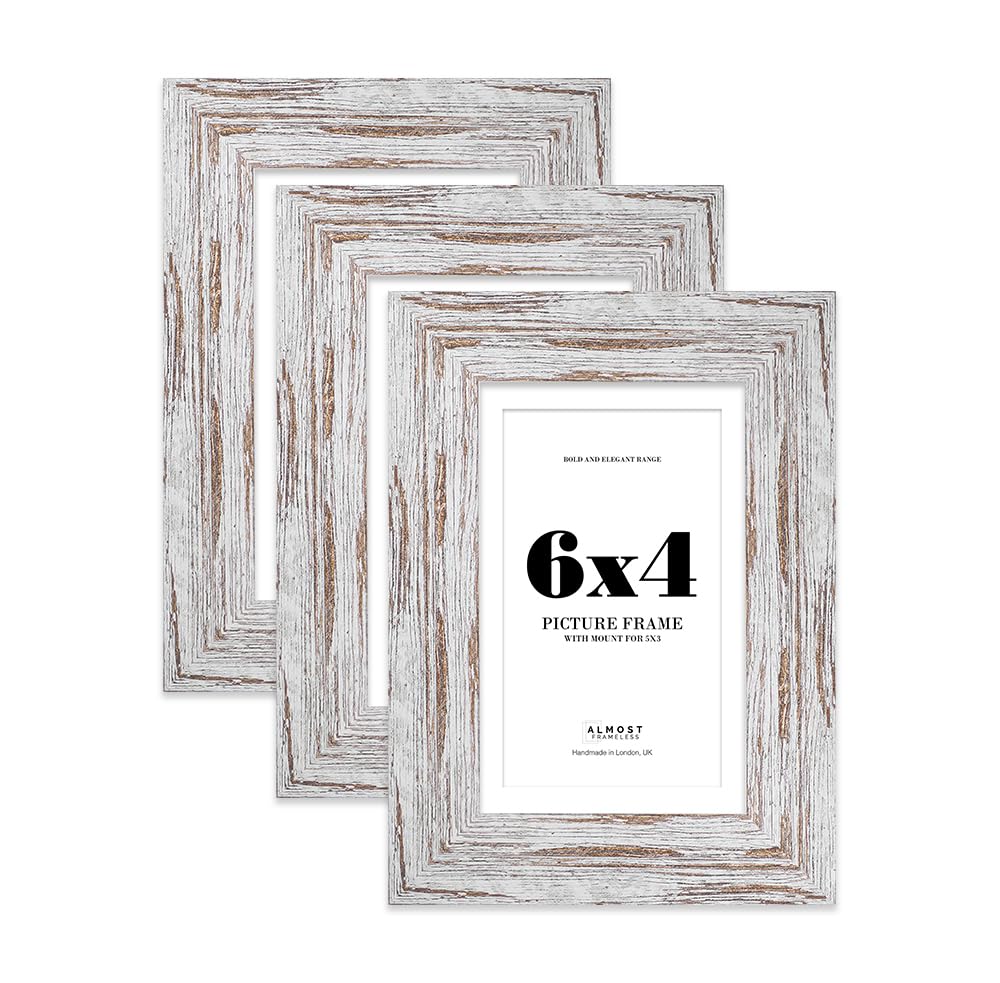 6x4 Distressed Wood Frame With Mount for 5x3 Pictures 28mm Edge Portrait and Landscape Display with Wall Hooks and Kickstand, 3 Pack