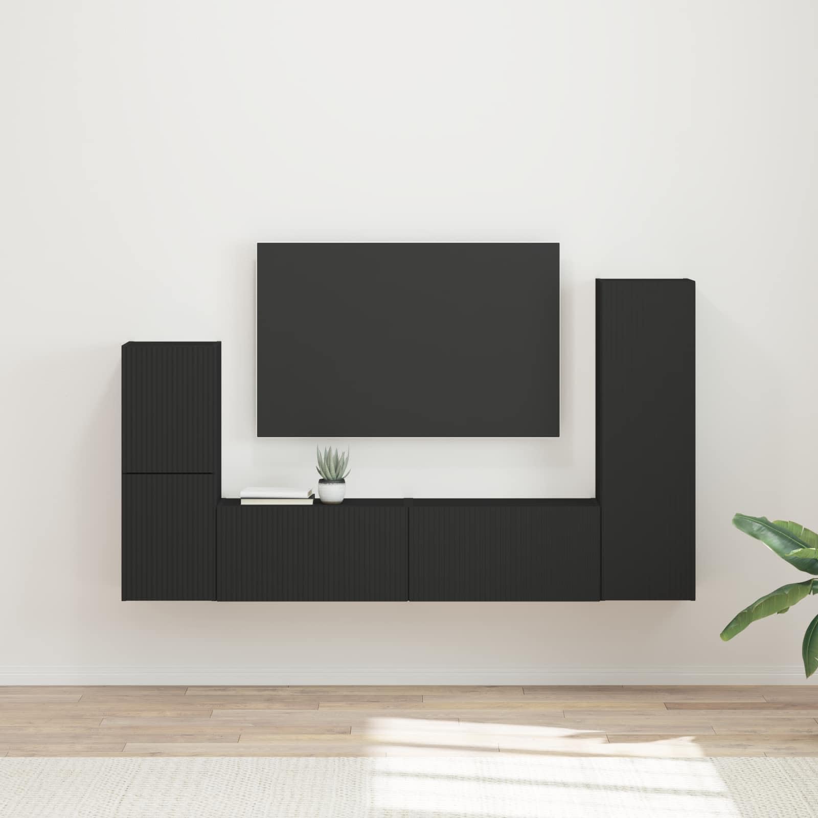 TV-Schrankset Wandmontiert 4-teilig, Schwarz Holzwerkstoff, Modernes Media-Center für Wohnzimmer, Elegante Aufbewahrungslösung