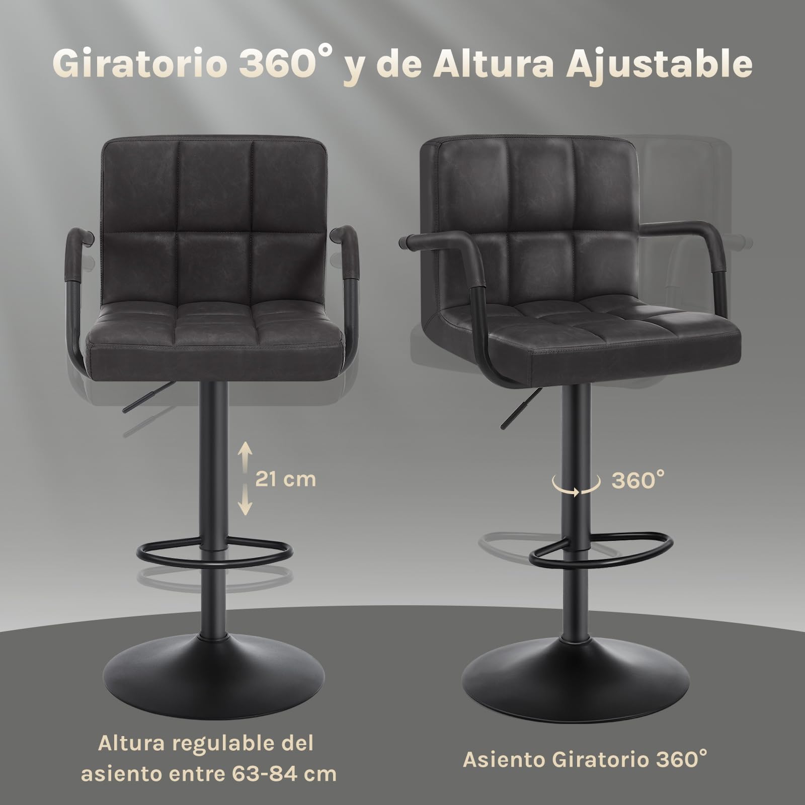 WOLTU Taburete de Bar Giratorio, Taburete Alto Cocina con Reposabrazos y Reposapies, para Bar Barra Cocina Salon, Piel Sintética, Antracita