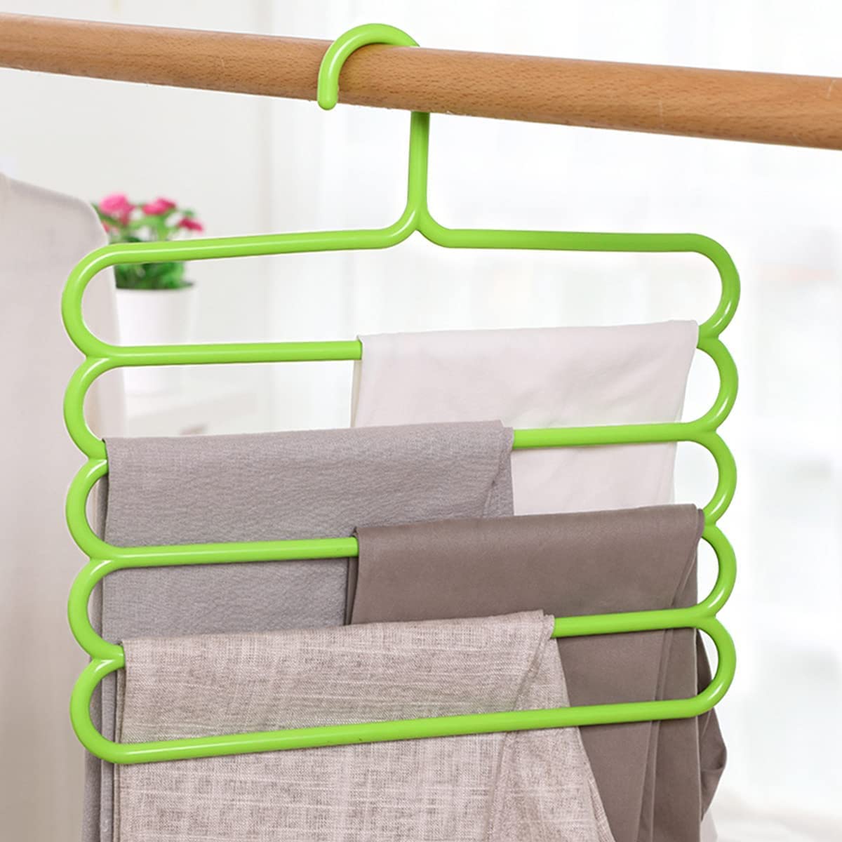 Ousyaah Pants Hangers 5-Layer Space Saving, Plastic Clothes Clothes Pant Hangers Closet Organizer for Pants Jeans Trousers Scarves Slack (Green, 5)
