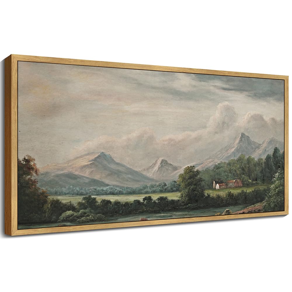 SHENIFY 20x40in Extra Large Vintage Framed Wall Art Country Village Landscape Painting Retro Mountain Meadow Scenery Farmhouse Bedroom Above of Bed Living Room Decor - Natural Framed