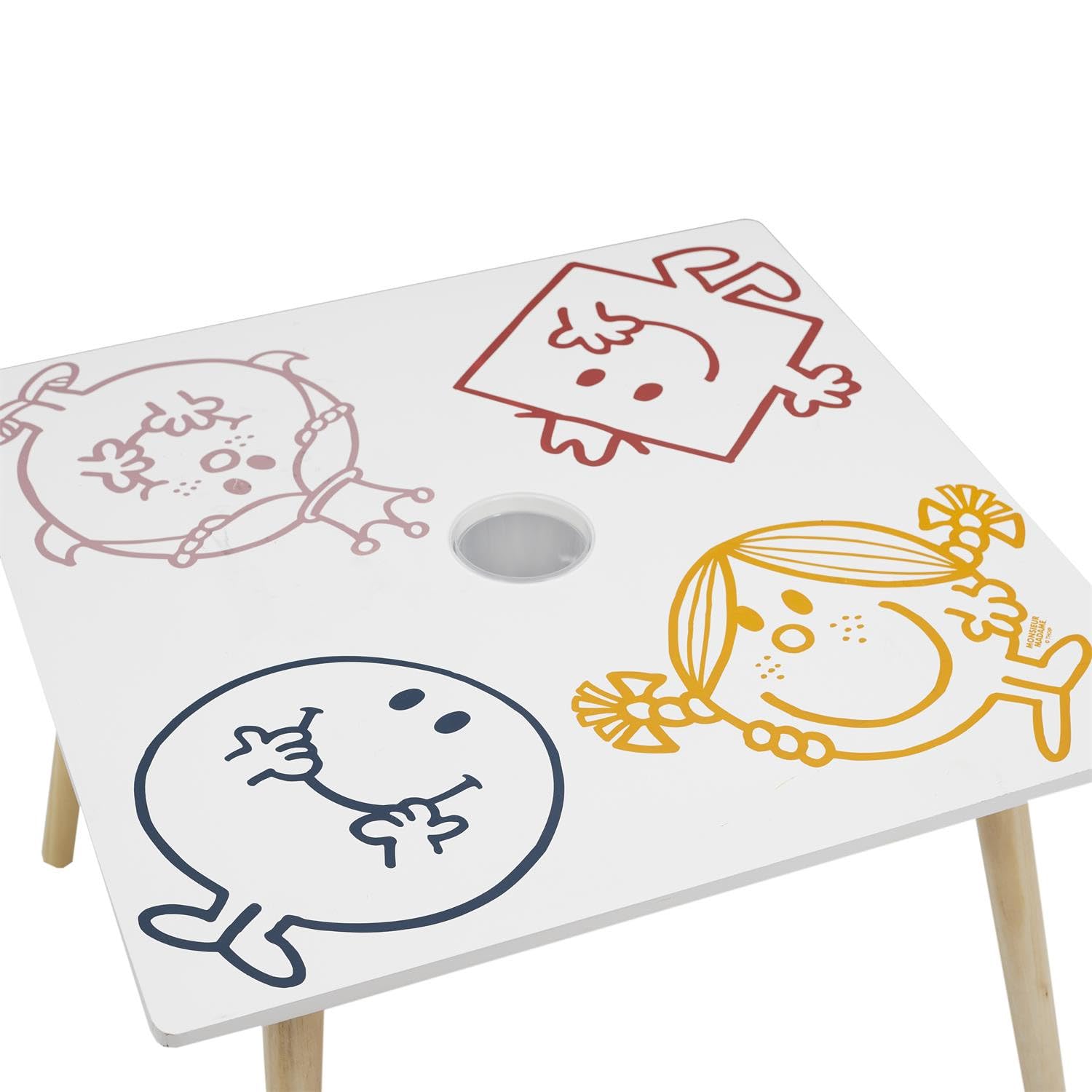 MONSIEUR MADAME - MM3369 Table Enfants avec Pot à Crayon Intégré - MDF et Pin - Dimensions 60 x 60 x 44 cm - Design Multicolore - pour Chambre ou Salon