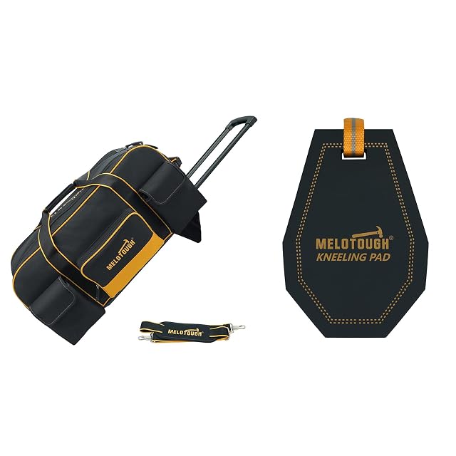 MELOTOUGH Rolling Tool Bag with Wheels Large Capacity Tool Bag Organizer with Concealed Telescoping Handle Mini Kneeling Pad