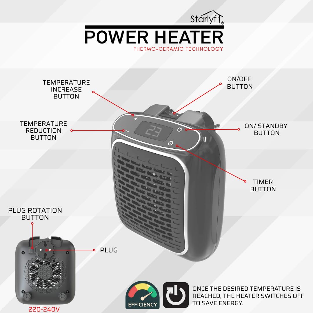 STARLYF Power Heater – elektryczny grzejnik ścienny, 800 W, z technologią termoceramiczną, cyfrowy termostat, timer 12 h, wtyczka obrotowa 270°, cichy i bezpieczny