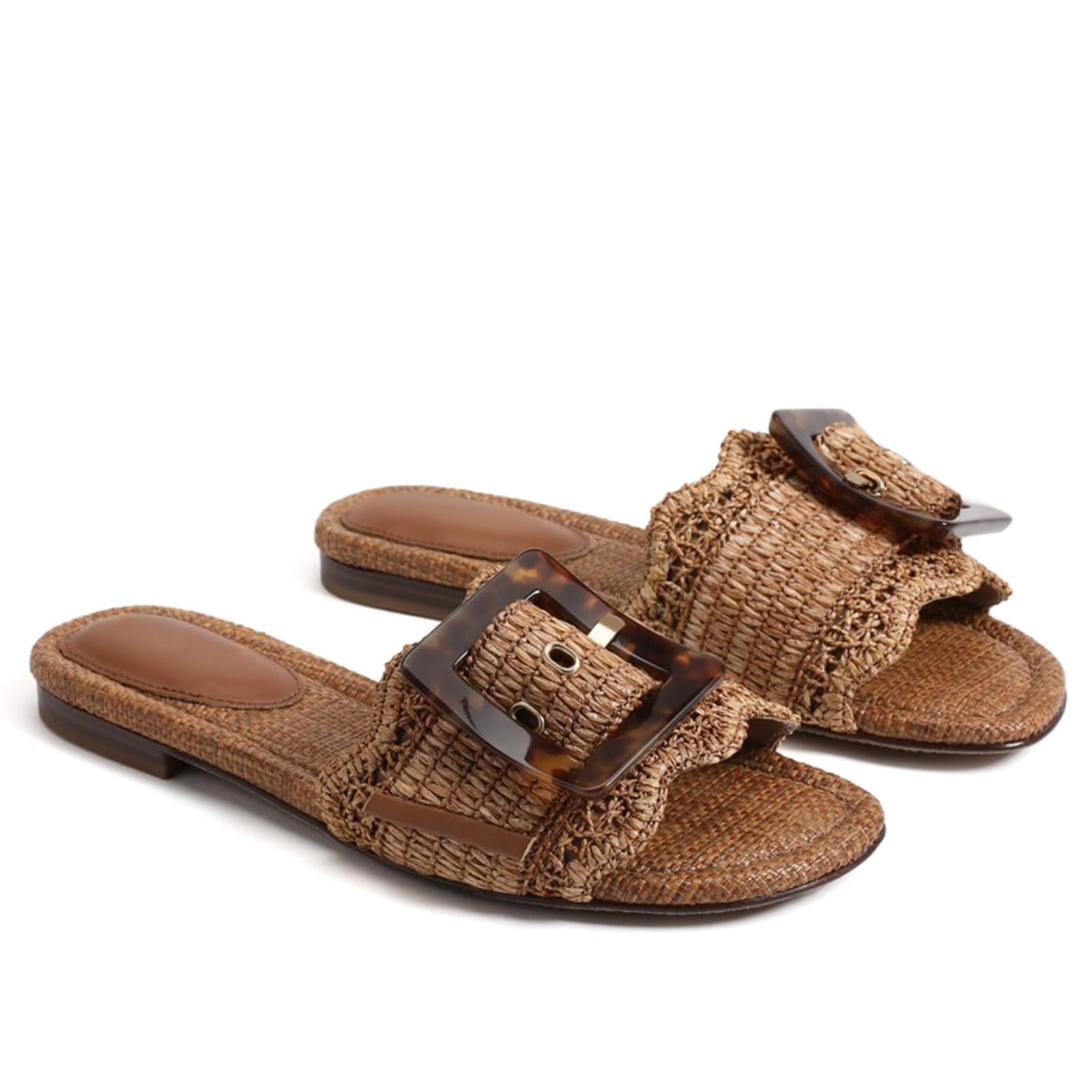 ZJGZF Comfortable and Cute Raffia Sandals for Women Summer Beach Woven Braided Straw Slides Buckle Shoes 