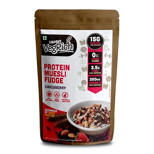 VegRich Protein Muesli ChocoBerry| 15g Whey Protein muesli & Freeze Dried Strawberries | Sweetened with Dates & not Sugar | Rolled Oats + Almonds + Black Raisins + Flax Seeds | Sports and Diabetic Friendly | Low Carb Muesli | High Protein Muesli- 1 x 330g pack