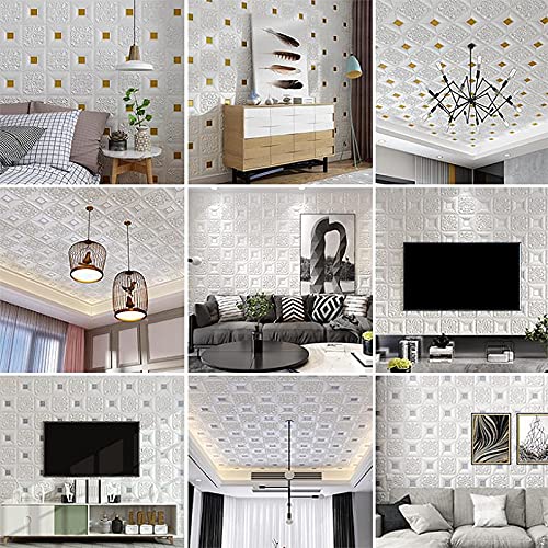 EMSMIL 3D Ziegel Tapete Selbstklebend Wandpaneele 10 Stk Weiß 70 x 70 cm Modern Wasserfest Steinoptik Tapeten 3D Effekt Schaumstoff Wandaufkleber für Badezimmer Schlafzimmer Wohnzimmer Küchen Wand