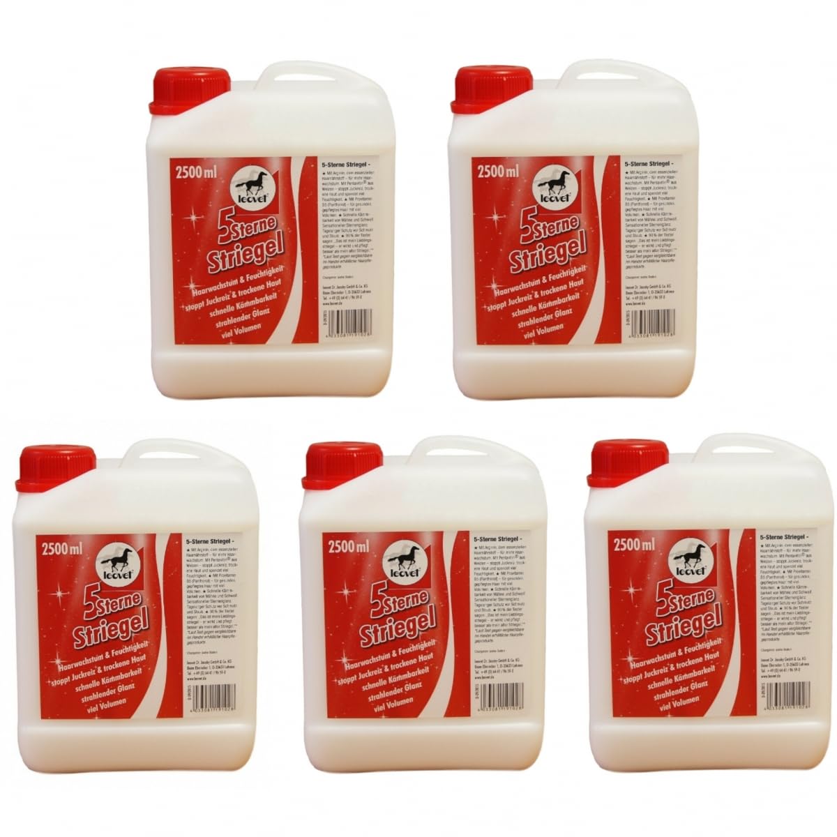 RL24 leovet - 5-Sterne Striegel | Mähnenspray für Pferde | Schweifspray für Glanz & leichte Kämmbarkeit | stoppt Juckreiz & trockene Haut | Schutz vor Schmutz | 5 x 2500 ml Kanister (5er Set)