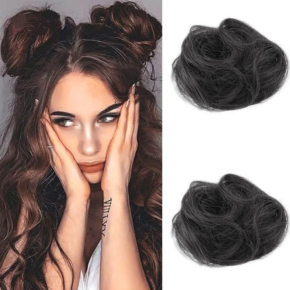 2PCS Mini Claw Clip in Hair Bun Messy Cat Ears Hair Bun Extension Synthetic Hair Chignon Donut Wig Accessory Updo Space Bun Hair Pieces for Women Girls (Black) - Image 4
