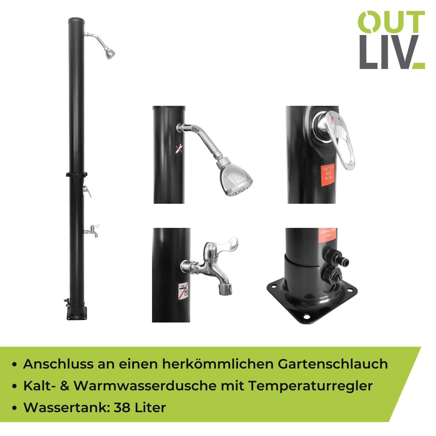 OUTLIV. Solardusche mit 38L Wassertank, Kalt-/Warmwasser, clevere und energieeffiziente Solardusche, Gartenschlauch-Anschluss, Ø11x210cm, Schwarz