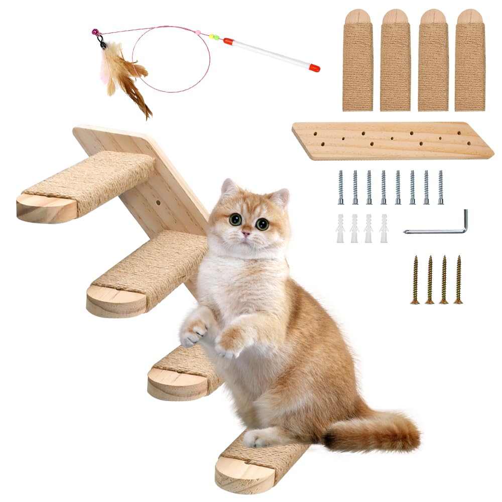 Étagère Murale pour Chat, Escalier pour Chat 4 Étapes Marches d'escalade Chats en Bois Cadre d'escalade Mural avec Un Bâton Drôle Echelle Chats pour Grimper, Sauter et Jouer