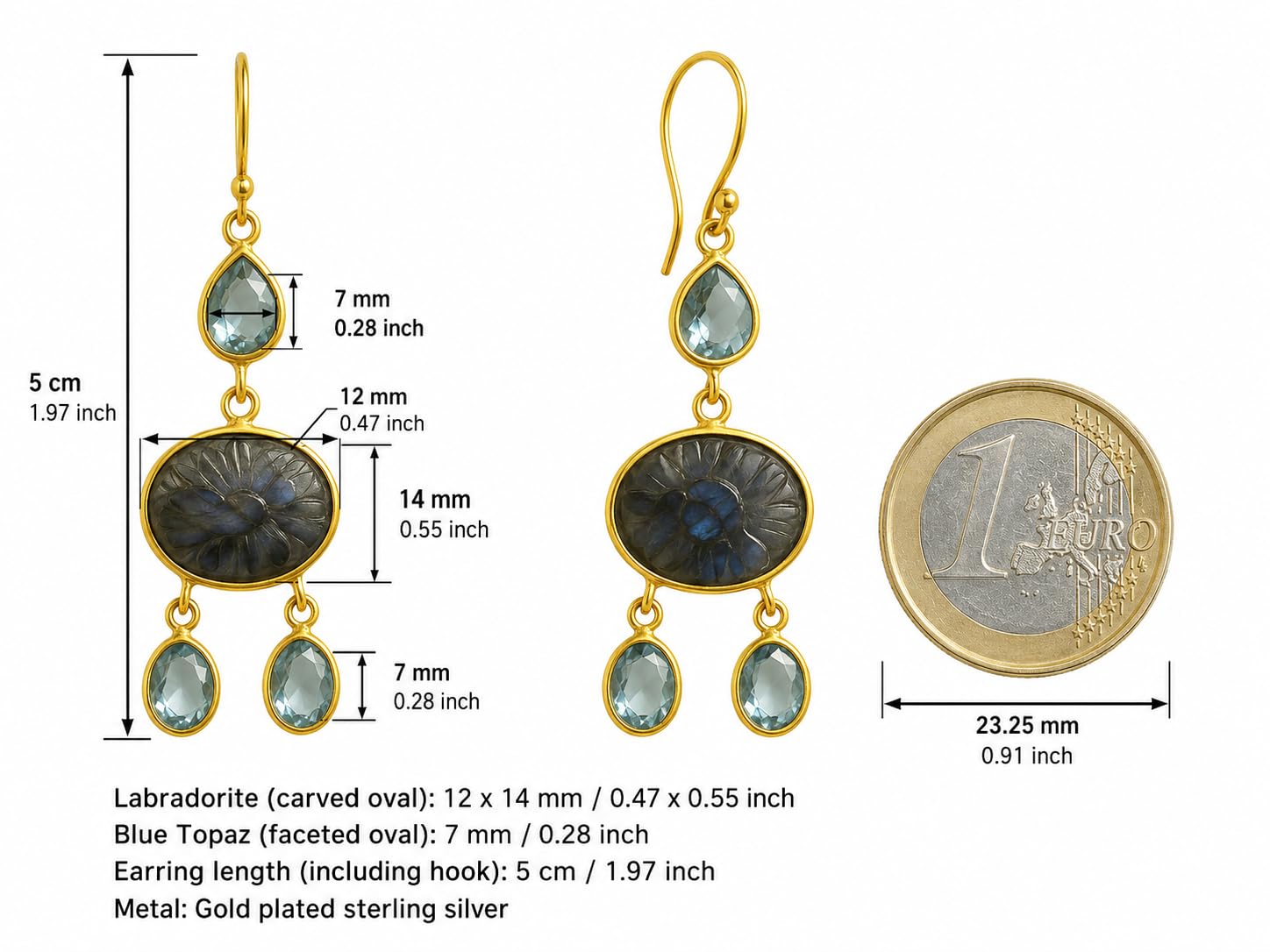 Pendientes de plata con baño de oro labradorita y topacio azul | Piedra natural - Regalo de cumpleaños - Ideas de regalos hechos a mano para mujeres