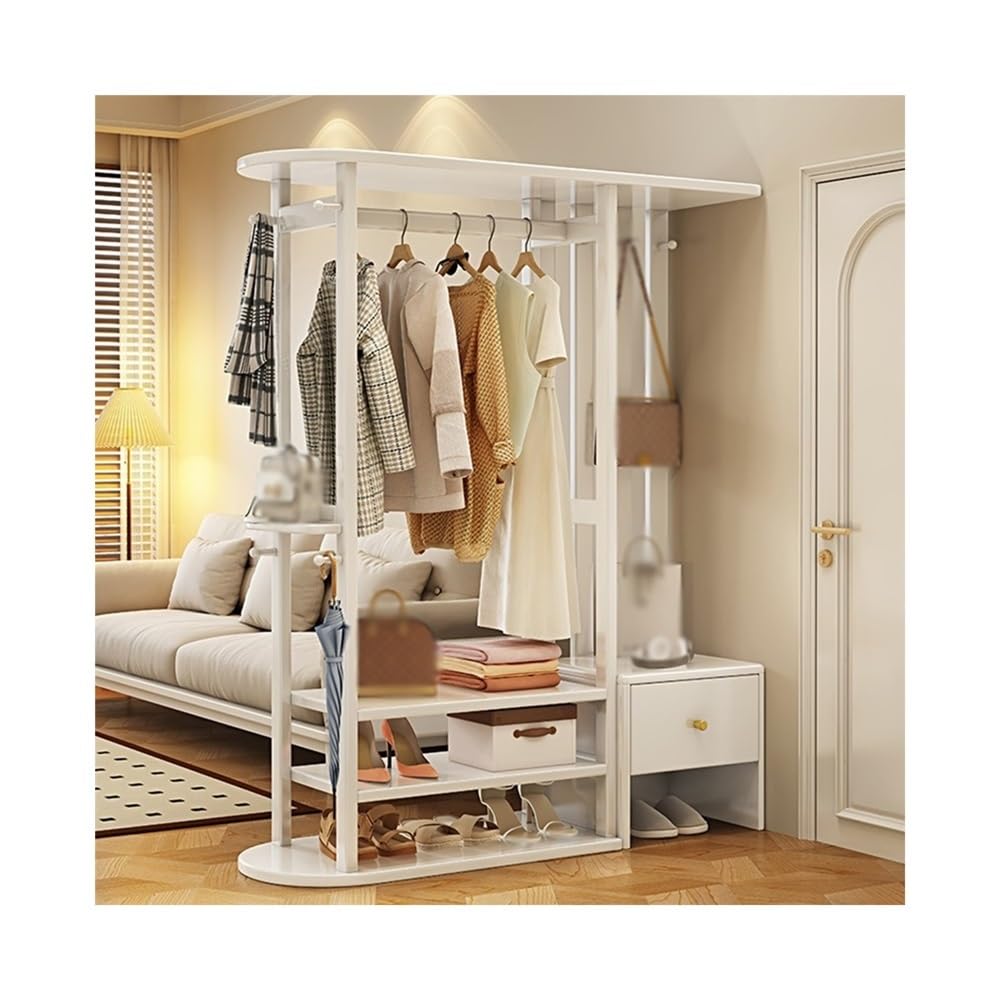 Dh2yjnbf3 Standing Solid Wood Coat Rack Floor Bedroom Household Hanging Clothes Entrance Door Vertical with Storage Shoe Bench Hallway(White)