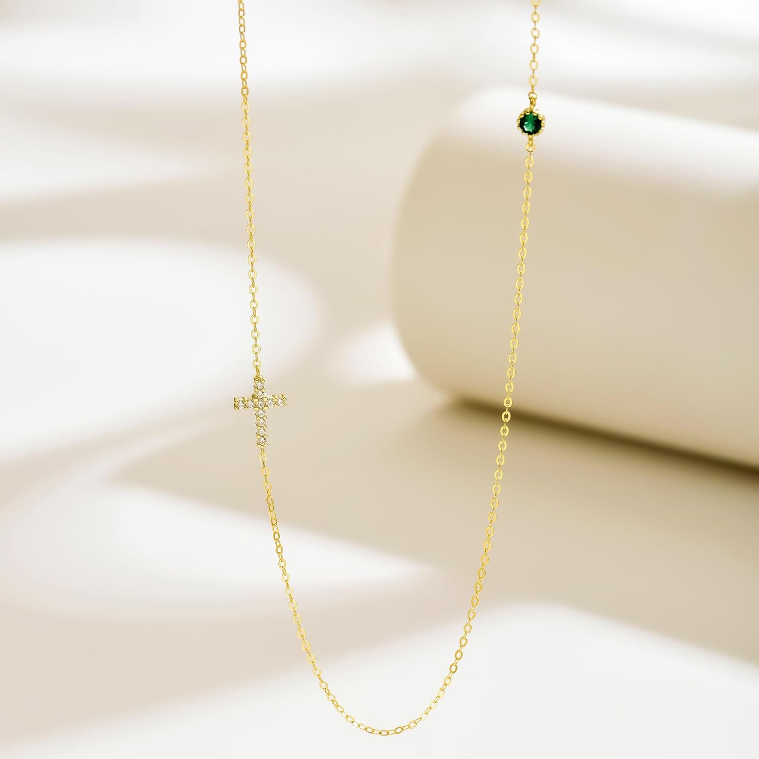 925 Sterling Silver Sideway Cross Necklace for Women Dainty 14k Gold Plated CZ Cross Emerald Birthstone Necklace for Mom Horizontal Crucifix Faith Choker Charm Chain Valentine's Day Jewelry Gifts - Image 7