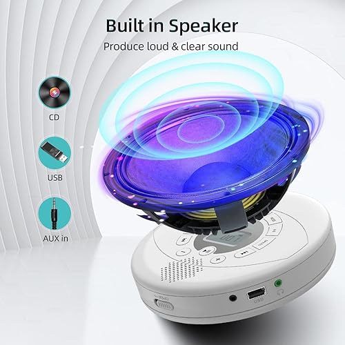 Vista 3 de Walkman - Reproductor de CD portátil con auriculares, disco con altavoz, reproductor de CD anti-salto para coche, recargable de 1500 mAh, CD, disco