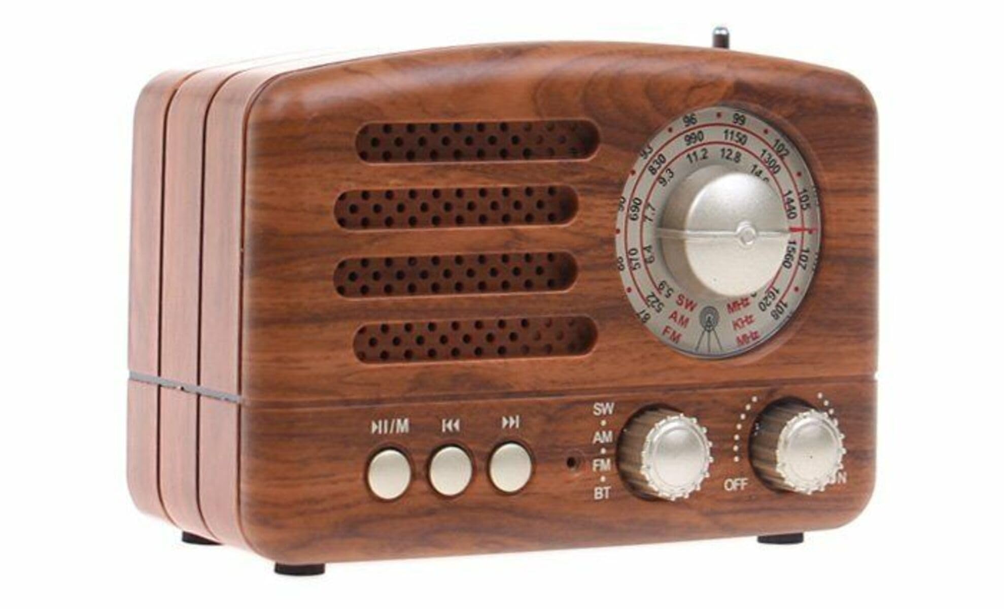 Vintage Holz-Radio mit Bluetooth, AM/FM/SW, MP3-Player, USB/SD-Kartenslot, Akku, Retro-Design