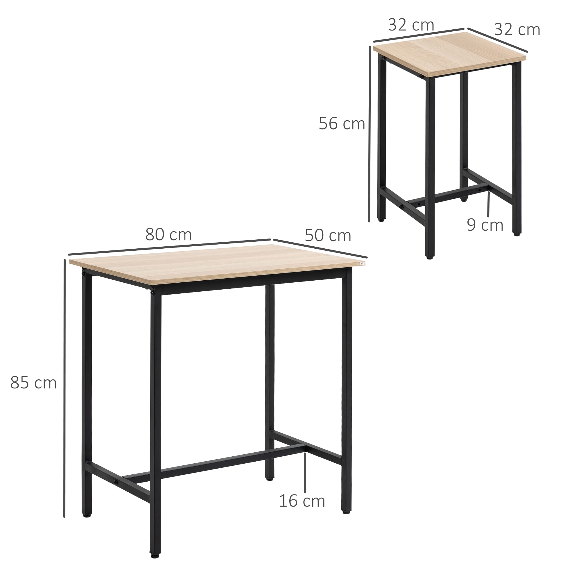 HOMCOM 3-teilig Esszimmergruppe Bartisch mit 2 Stühlen Essgruppe Esstisch Set Bartisch Set für Küche Esszimmer Bistro Industrie-Design Spanplatte Stahlrahmen Naturholz+Schwarz 80 x 50 x 85 cm