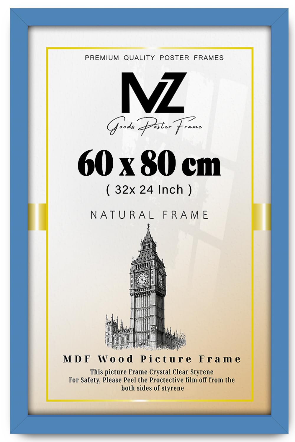 MZ GOODS | MDF Picture Frame (60 x 80 CM) 24 x 32 for Posters, Art & Room Interiors, Premium MDF Finish, Includes Hanging Hooks [ Blue ]