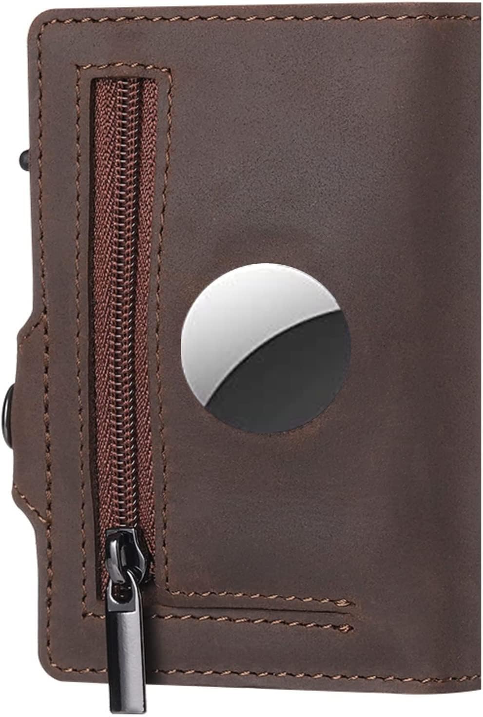 TNE Airtag Wallet (Airtag not Included) Genuine Leather Credit Card Money Holder Automatic Popup Mini Aluminum Wallet with Zipper Coin Pocket | Airtag Case Men or Women Air Tag Cover (Brown)