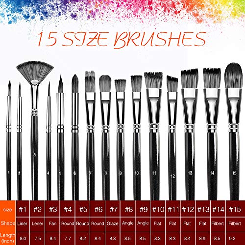 Image of Nylon Artist Paint Brush Set,15 Different Sizes Synthetic Paint Brushes Suitable for Acrylic, Watercolor, Oil and Gouache Painting, Perfect Paint Brush Set for Kids and Adult