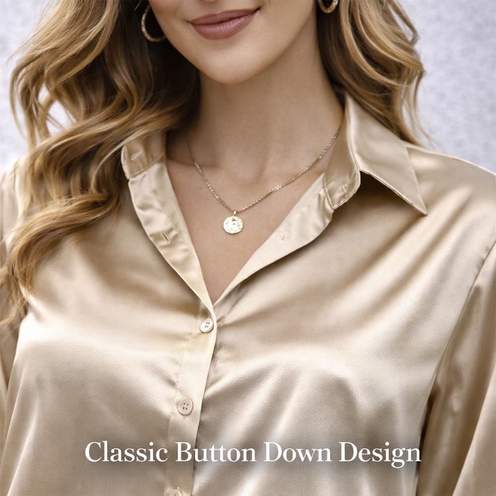 Womens Satin Silk Button Down Shirt Long Sleeve Business Casual Blouse Dressy Work Top - Image 4