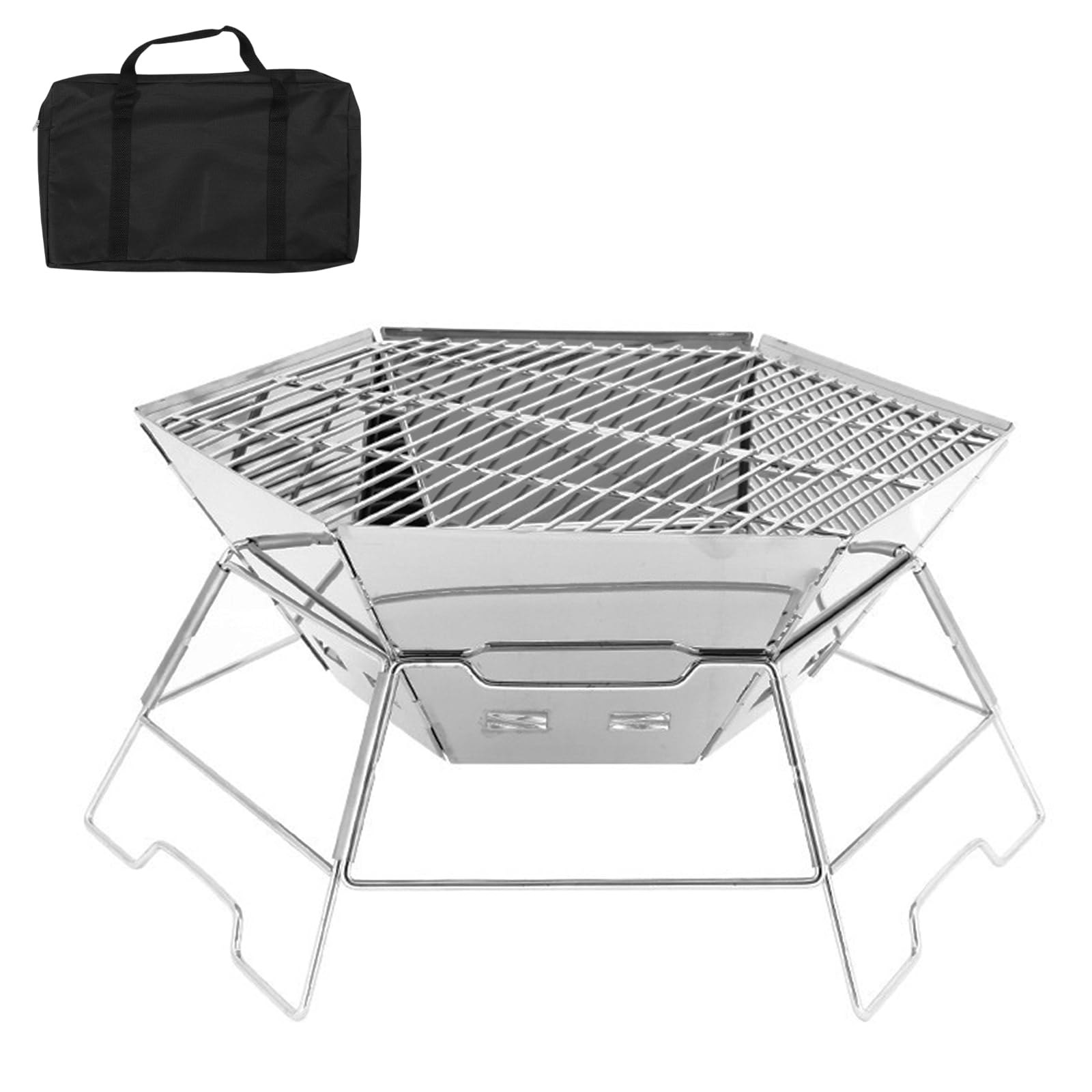 Barbecue multifunzionale esagonale trasportabile per campeggio evidenziando braciere cottura acqua bollente e capacità di grigliare barbecue all'aperto con rete