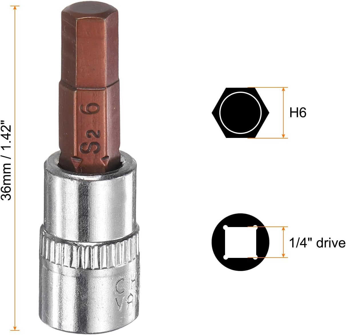 HARFINGTON 10pcs H6 Hex Bit Socket 1/4" Square Drive Metric S2 & CR-V Steel Socket Ratchet Wrench Bits, Silver Red