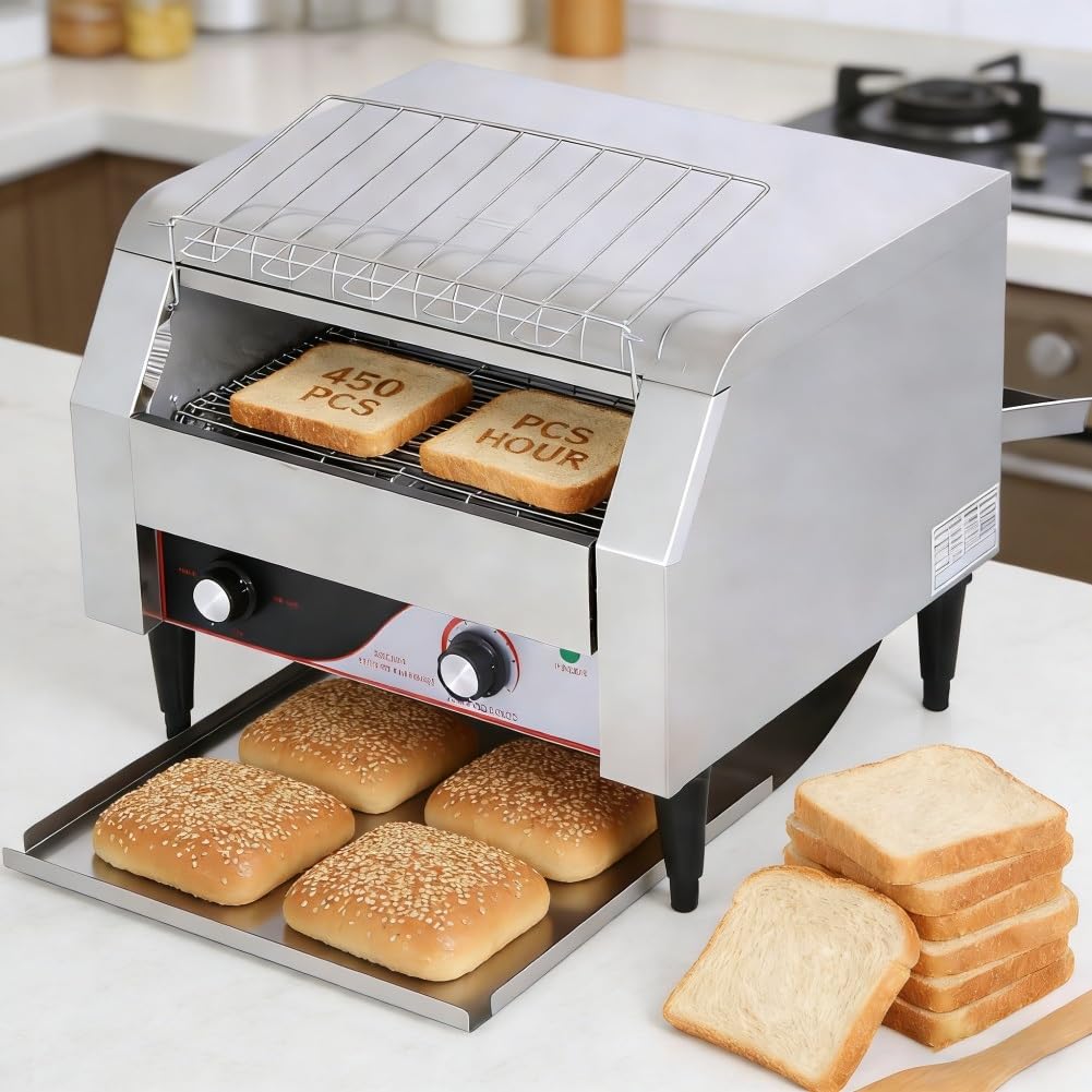 Industrial Commercial Conveyor Toaster 450 pieces/H, 2600W Heavy Duty Countertop Stainless Steel Electric Oven with Dual Heating Tube and 7-Speed Adjustments for Home Restaurant Bakery(350pieces/H)