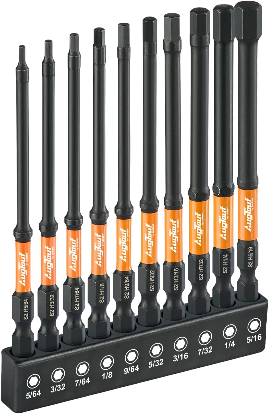 toolant Impact Hex Head Allen Wrench Drill Bit Set 10pcs (SAE), 1/4" Hex-Shank S2 Steel Hex Bits Set, CNC Machined Tips with Magnetism, 4" Long with Storage Box