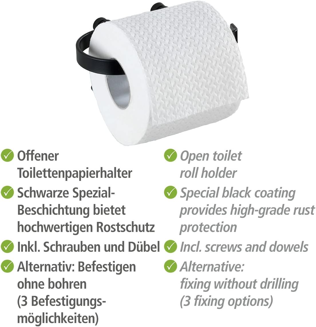 WENKO Classic Plus Toilet roll Holder Rust Protection, Alloy Steel, Black, 7.5 x 10 x 15 cm