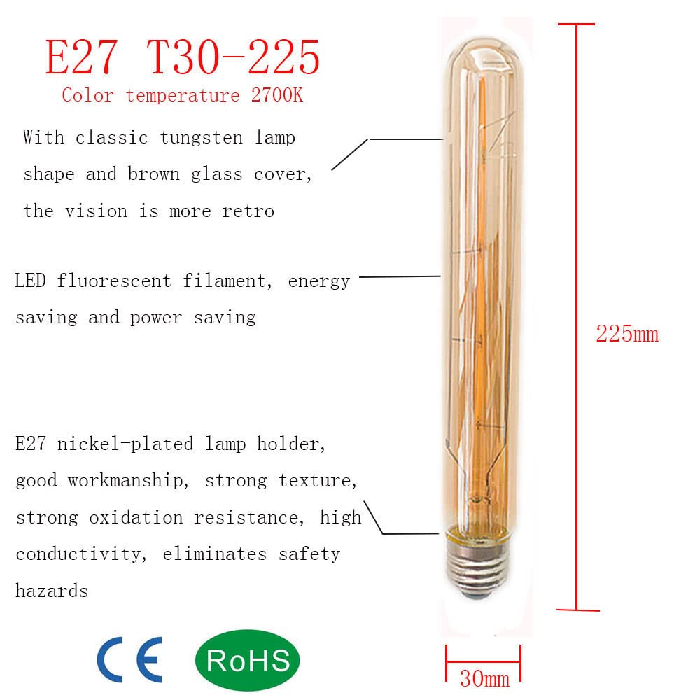 Lot de 9 Ampoules Incandescence Rétro Edison T30-225 E27 4W (Remplace Ampoule Halogène de 40W) Blanc chaud 2700K Tube long 400LM T30 Ampoule LED Filament E27 Verre Ambré Pas Dimmable 220-240V