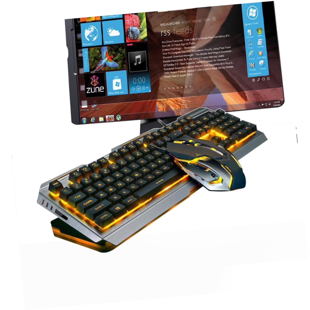 Artibetter Tastiera Meccanica Usb Retroilluminata a Led Gialla Set Mouse Da Gioco Ergonomico, Pulsanti Multimediali Fn, Design Resistente Pannelli Metallici Sabbiati, Per Gamer e Uso Prolungato