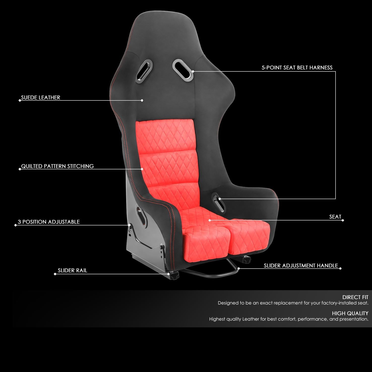 DNA MOTORING 2PCS Fixed Back Racing Bucket Seats with Dual Rails, Compatible with 5 Point Harness, Red Suede/White Stitching, RS-JBR-010-RD-RD